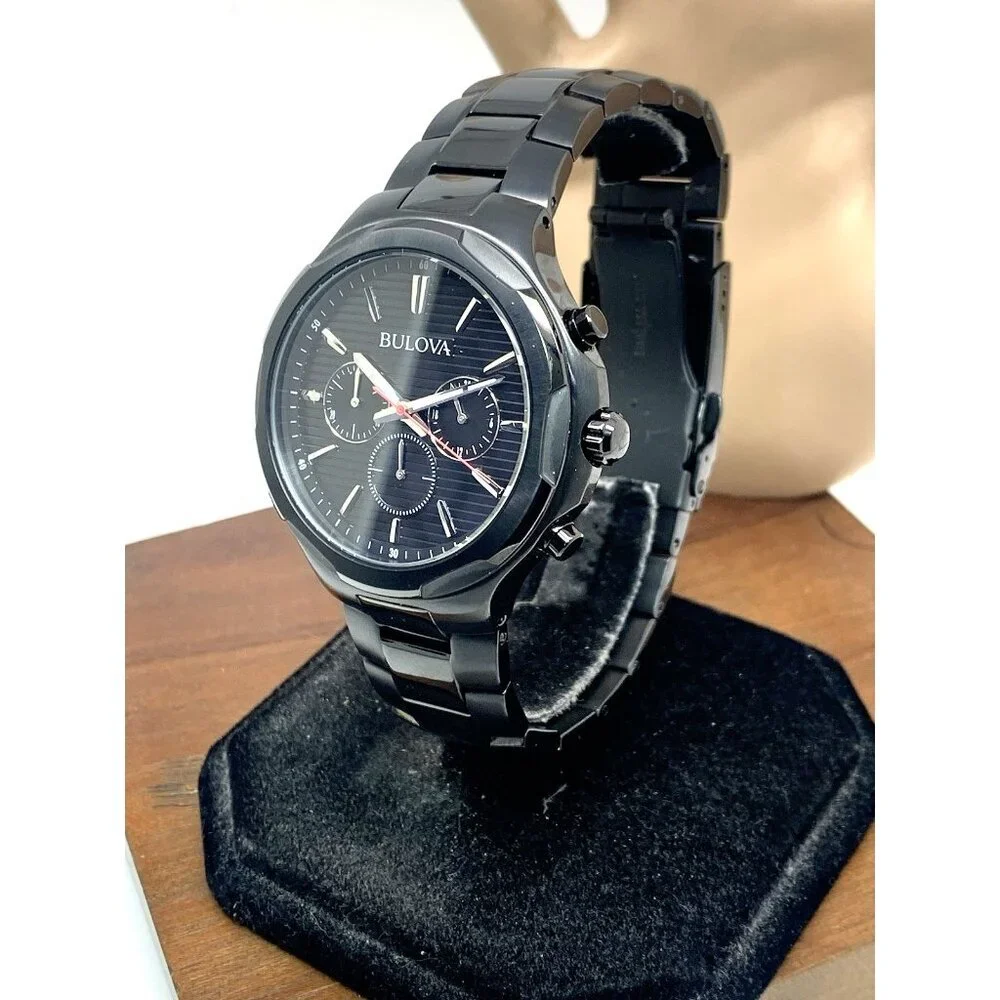 Bulova Men's Watch 98A189 Black Dial Quartz Chronograph Stainless Steel 46mm